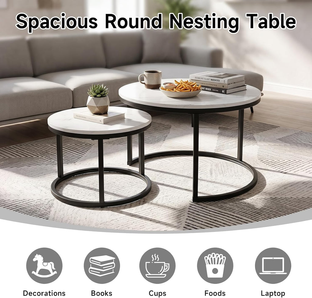 Nesting Coffee Table White Marble Pattern Wooden with Black Frame | 31.49" Round Coffee Tables for Living Room, Waiting Room, Apartment, Office, Balcony, Set of 2