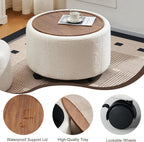 28 Inch Round Storage Ottoman with Wheels Set of 2, Multifunctional Coffee Table Ottoman with Removable Solid Wood Lid, Modern Circle Ottoman Foot Rest for Living Room, Bedroom, Beige