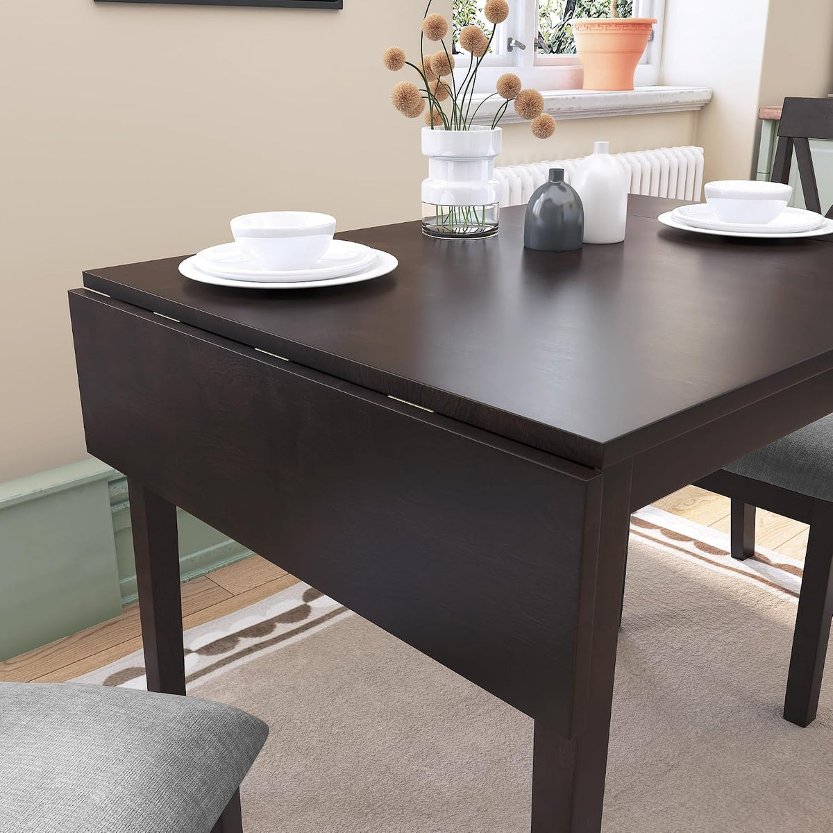 5 Piece Kitchen Dining Set with Drop Leaf, Dining Table and 4 Dining Upholstered Chairs, Dining Room Set for Small Places, Espresso