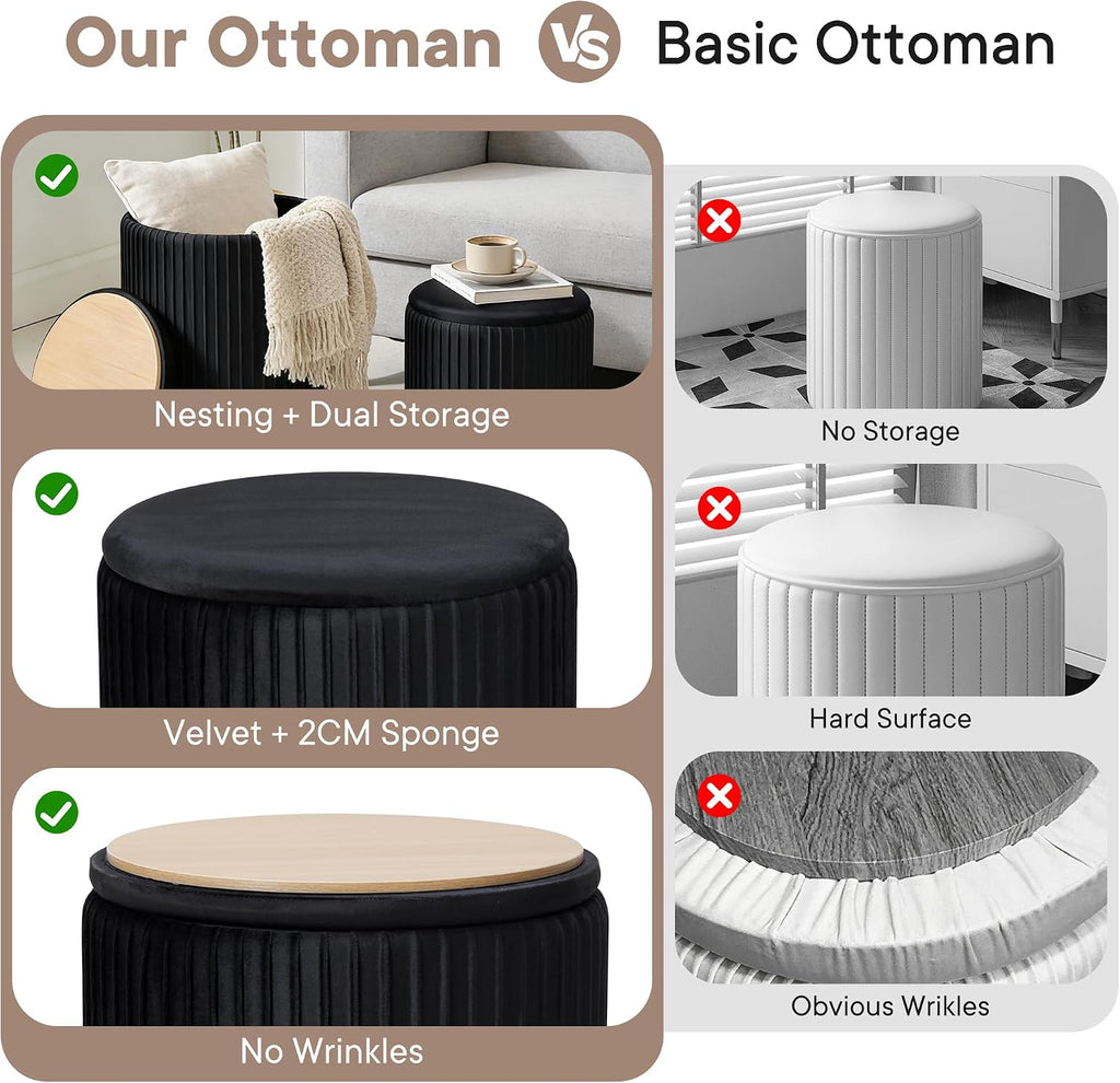 DUMOS Round Ottomans with Storage Set of 2, Vanity Stool, Foot Stool | 14.57"D x 18.11"H and 12.60"D x 14.96"H, Velvet Sturdy Ottoman for Living Room, Bedroom, Dorm, Small Apartment, Black