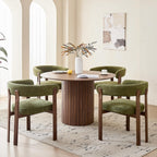47" Round Dining Table Set for 4, Walnut Wood Grain Tabletop with 4 Green Chenille Upholstered Armchairs, Thick Cushions and Sturdy Metal Frames