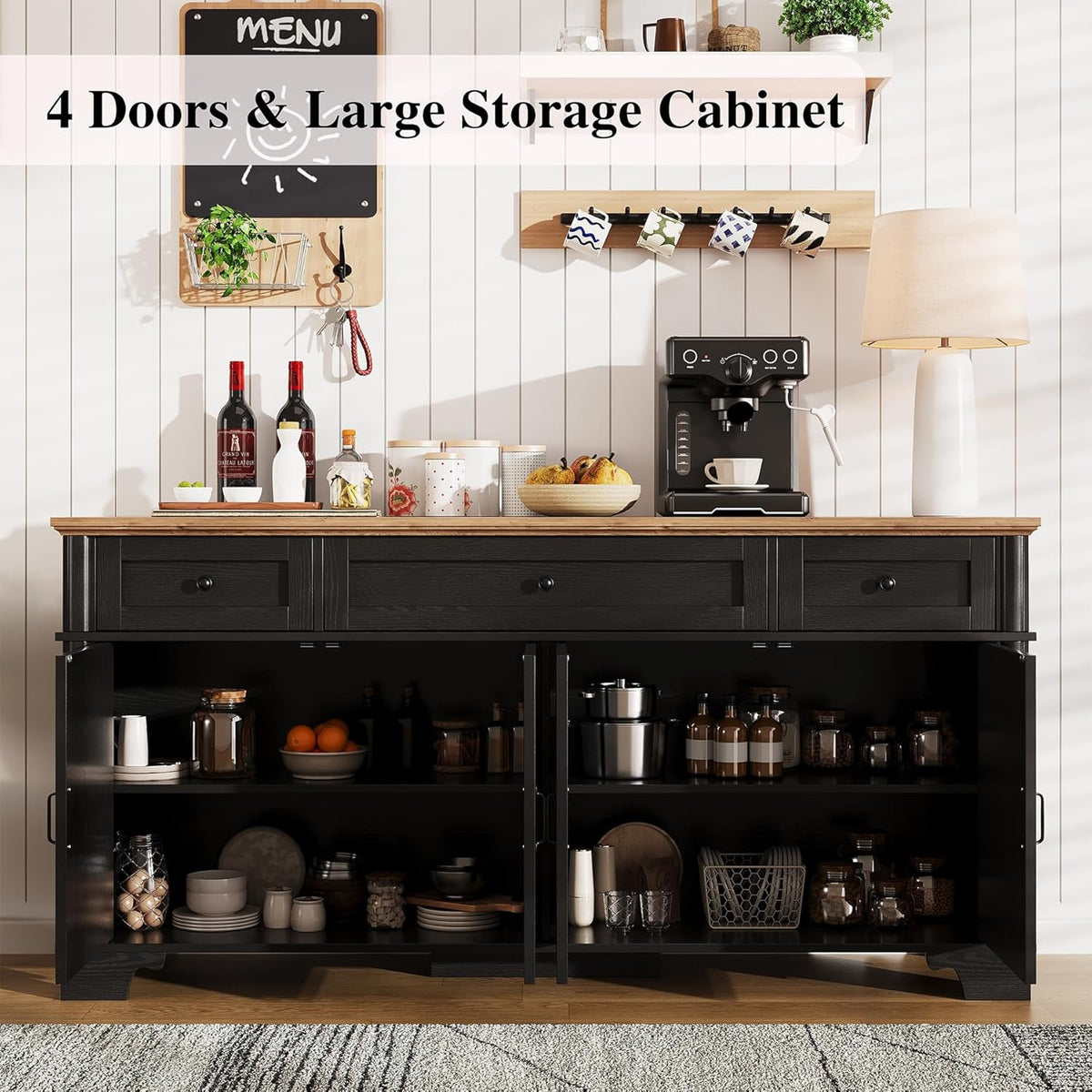 BestHaped 65 Inch Farmhouse Buffet Cabinet with Storage, Black Sideboard Buffet Cabinet with Adjustable Shelves & 3 Drawers, Buffet Table Coffee Bar Wine Bar Storage for Kitchen & Living Room