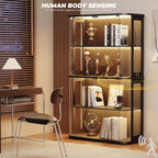 BROTTAR Large Rounded Display Cabinet with Glass Door & Lights, Black