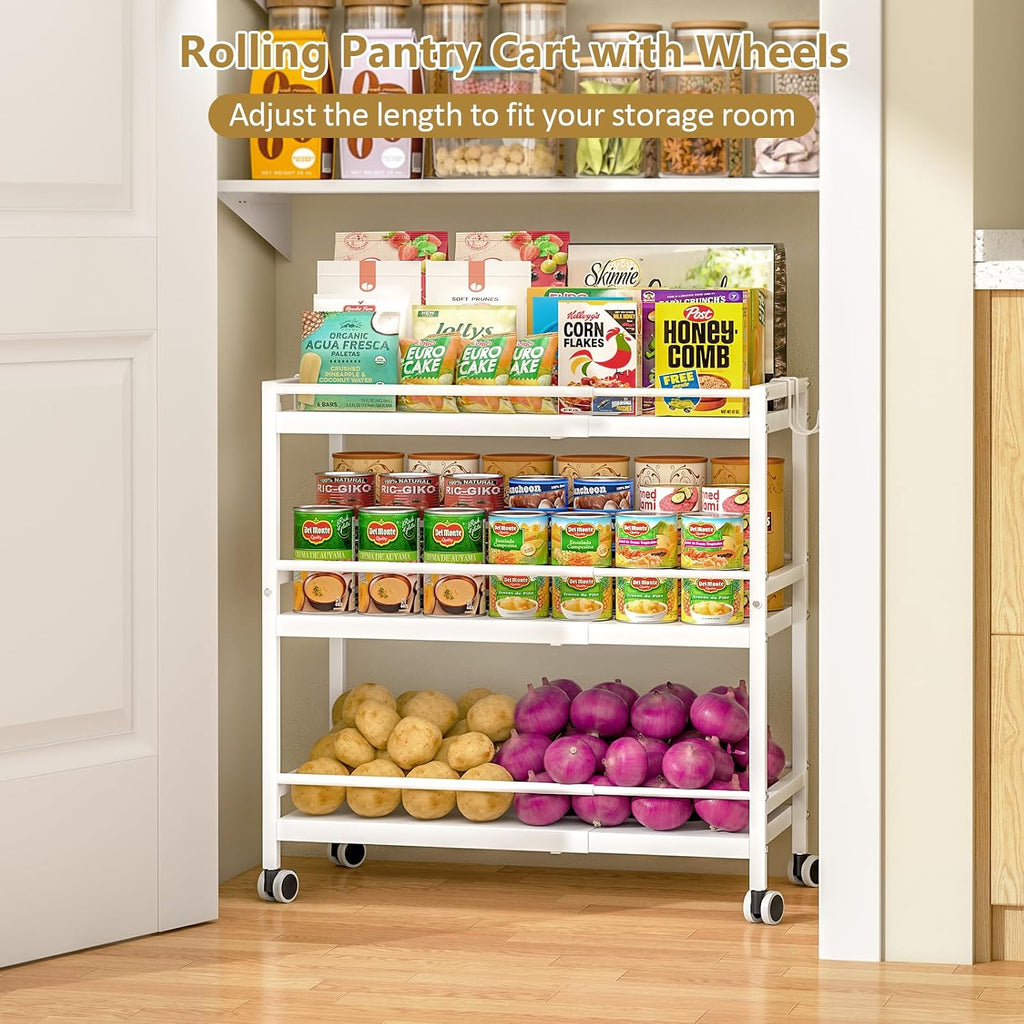 3-Tier Expandable Rolling Pantry Organizers and Storage Cart with Wheels, Adjustable Pantry Floor Organizer, Snack Cart for Pantry, Kitchen Storage Cart with 4 Hooks for Snack, Food, Vegetables, White
