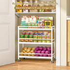 3-Tier Expandable Rolling Pantry Organizers and Storage Cart with Wheels, Adjustable Pantry Floor Organizer, Snack Cart for Pantry, Kitchen Storage Cart with 4 Hooks for Snack, Food, Vegetables, White