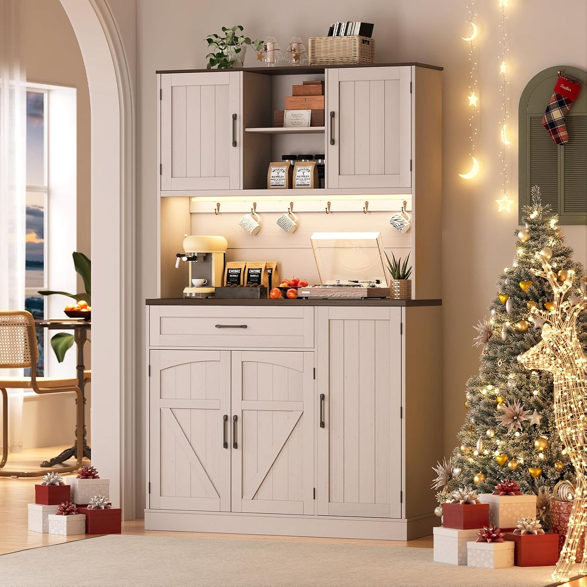ONBRILL 71" Kitchen Pantry Cabinet with LED Light/Outlet, Off White+Walnut | Pantry Cabinet, Kitchen Hutch with Microwave Shelf & 6 Hooks, Door Shelves & Drawer & Adjustable Shelves, for Dining Room