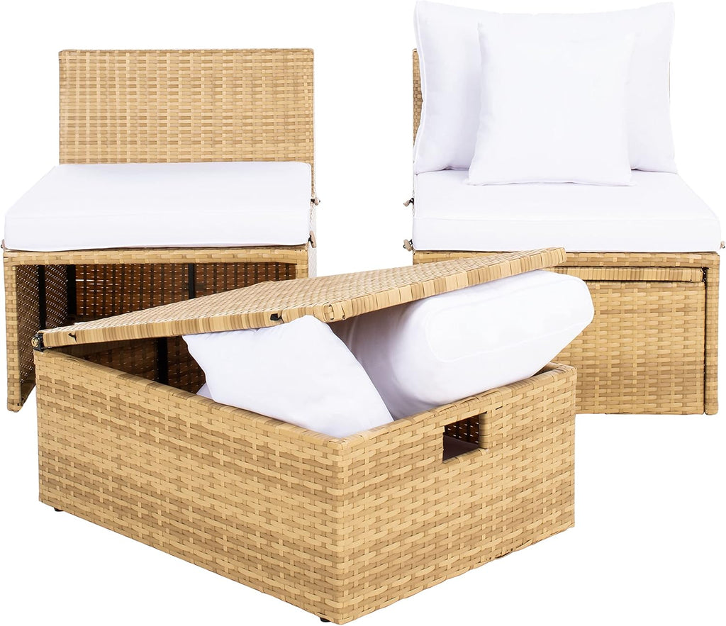 SAFAVIEH Outdoor - Pramla Settee and Ottoman Set - Natural & White - Steel Frame with Cushion - Coastal Storage Design - Ideal for Patio, Deck, Porch, Backyard (PAT7515D)