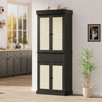 Slim Tall Pantry Cabinet - 4 Rattan Doors, Drawer, and 2 Adjustable Shelves - Freestanding Storage Cupboard for Entryway, Kitchen, Dining Room, Bathroom, or Office,Black