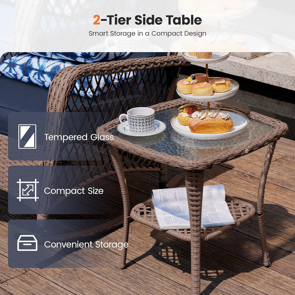 UDPATIO Rocking Chair Outdoor Set 2 with Coffee Table, 3 Piece Wicker Rocking Bistro Set with 4" Water-Resistant Cushions, Oversized, 350lbs Heavy-Duty, for Porch, Patio, Balcony, Brown/Navy