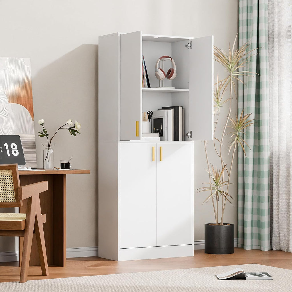 Cozy Castle Kitchen Pantry Cabinet, 71" Tall Wood Storage Cabinet with Doors and Shelves 4 Doors Freestanding Cupboard for Dining Room Living Room Furniture, White