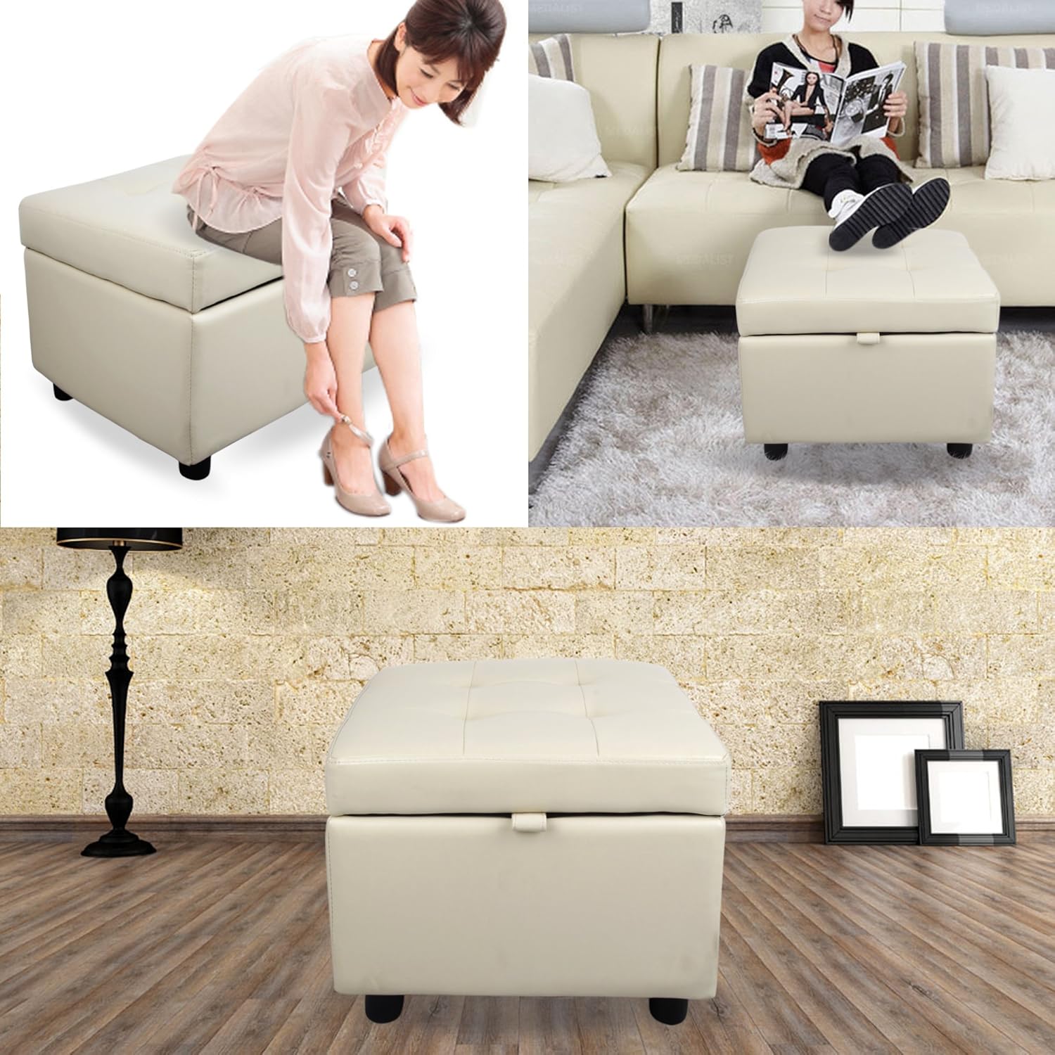 H&B Luxuries Tufted Leather Square Flip Top Storage Ottoman Cube Foot Rest (Cream with Storage)