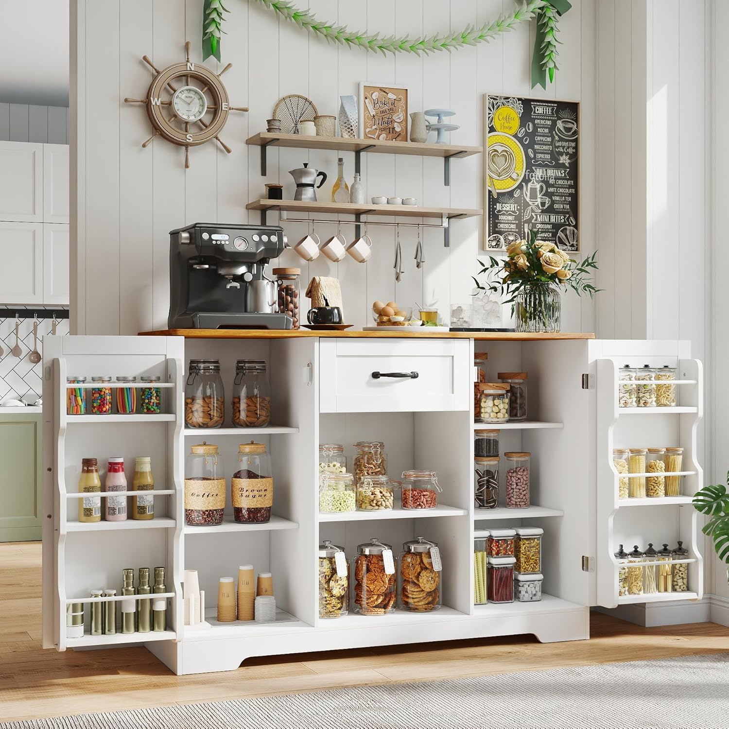 Gizoon 45" Kitchen Sideboard Buffet Cabinet with Storage Coffee Bar Cabinet with Drawer, Kitchen Pantry Storage with Door and Shelves for Bathroom and Living Room, White and Rustic
