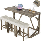 allamazing 4-Piece Counter High Bar Table Set with Socket and 3 Fabric Padded Bar Stools, Tall Kitchen Breakfast Nook with Stool (1+3 Natural)