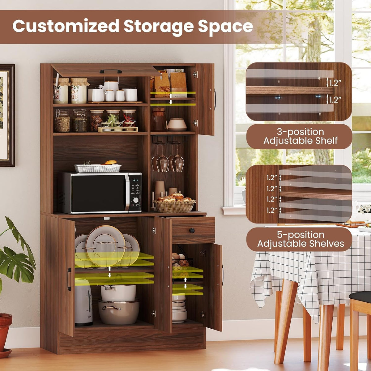LOKO 66” Tall Pantry with Charging Station, Freestanding Storage Cabinet with Microwave Stand, Wine Glass Holder, Adjustable Shelves, Kitchen Hutch Cabinet for Living Room, Dining Room, Brown
