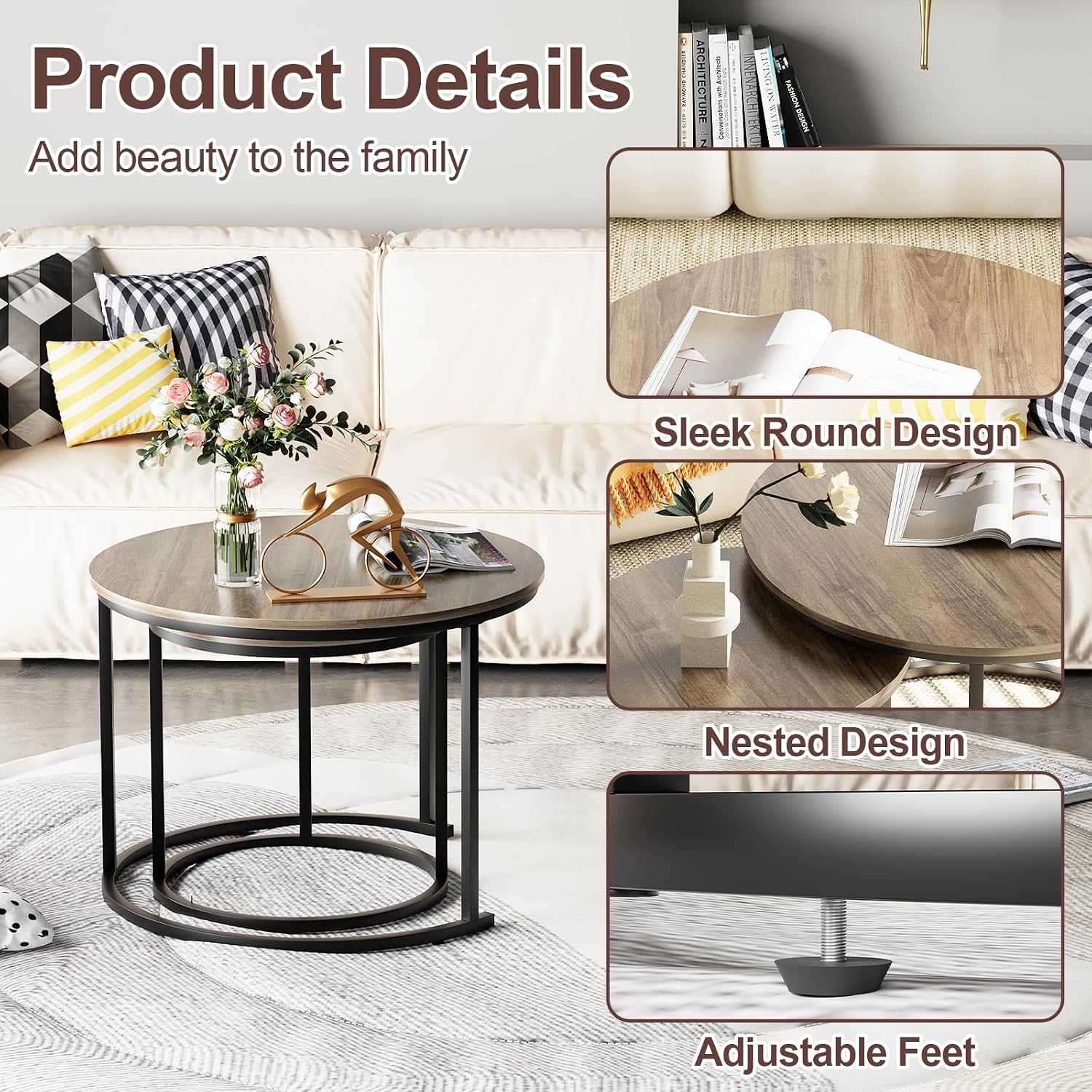 Garden 4 you Nesting Coffee Table, 23.6" Round Coffee Table Set of 2, Wooden Nesting Table Set with Metal Frame, Side Tables for Living Room Bedroom Balcony, Brown