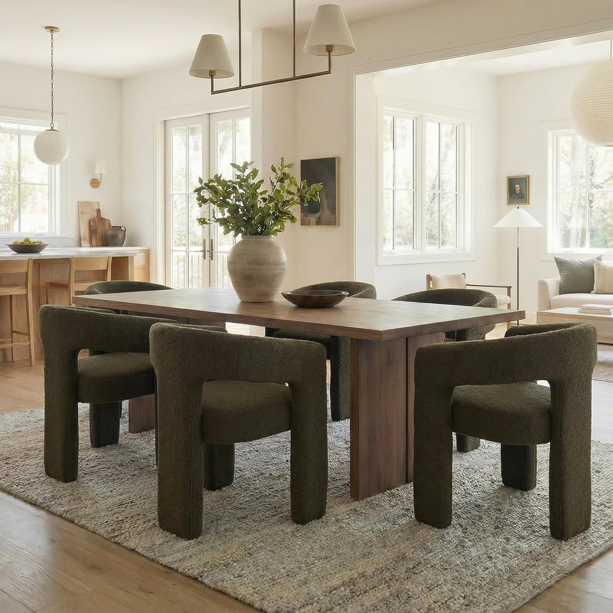 Green Sherpa Dining Chairs Set of 6, Modern Barrel Dining Room Chairs Upholstered Faux Fur Accent Chair with Arms and Round Back for Living Room Kitchen Armchair No Assembly Needed