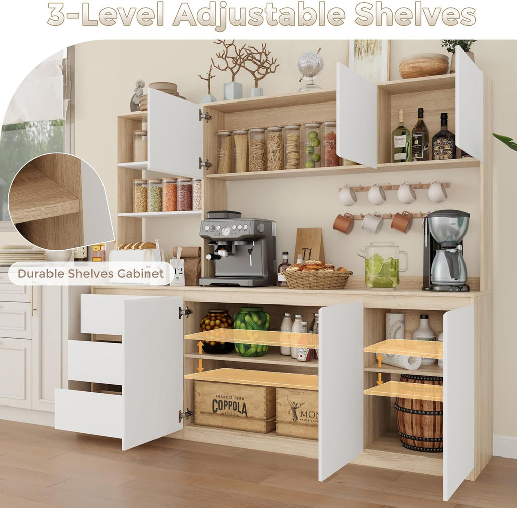 Bobve Large Kitchen Hutch Cabinet with Microwave Stand, Storage Cupboard Pantry with 3-Tier External Shelves and 3 Drawers, Ktichen Food Pantry with Open Countertop for Dining Room, White + Walnut