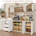 Bobve Large Kitchen Hutch Cabinet with Microwave Stand, Storage Cupboard Pantry with 3-Tier External Shelves and 3 Drawers, Ktichen Food Pantry with Open Countertop for Dining Room, White + Walnut