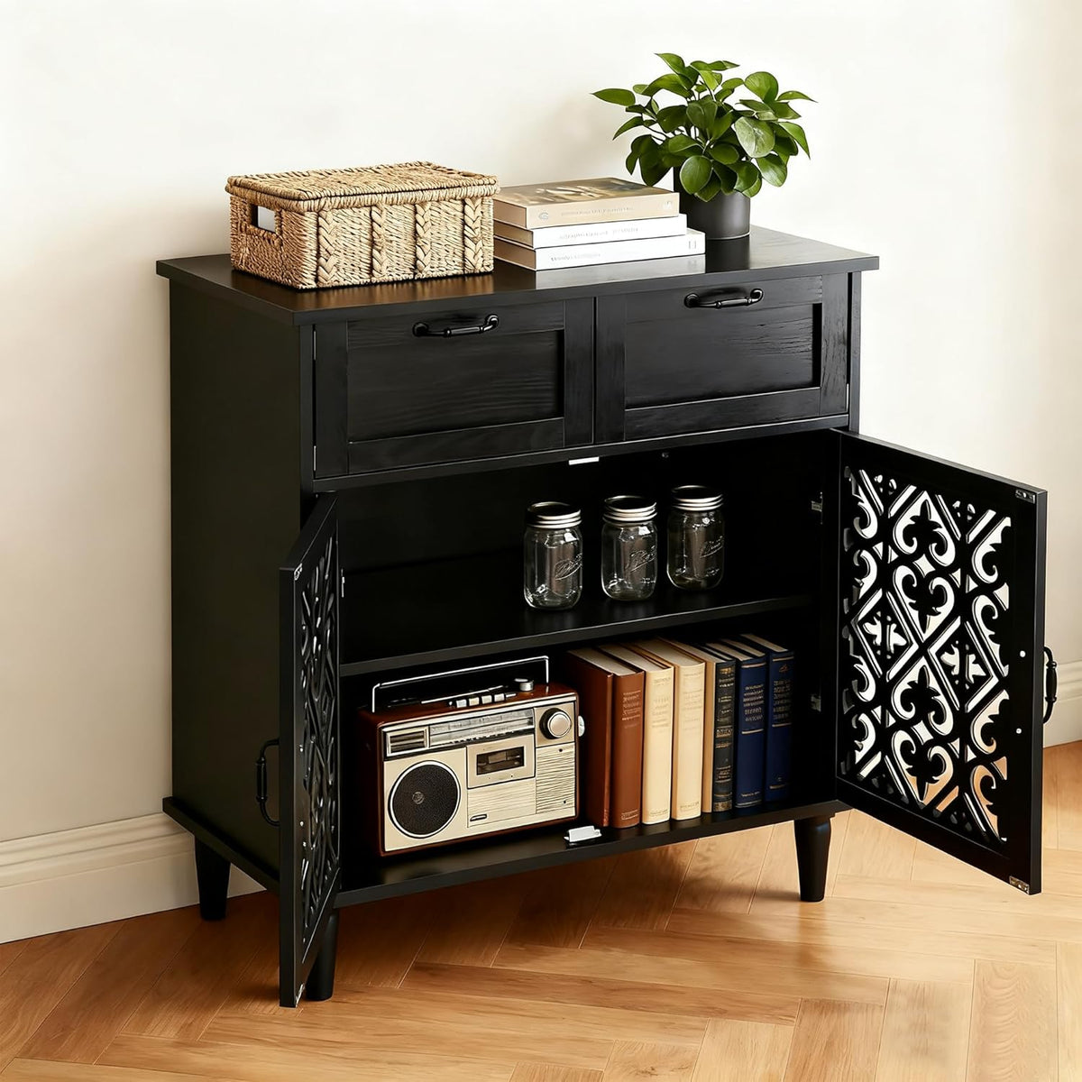 Sideboard Cabinet with 2 Doors & 2 Drawers - Adjustable Storage Console Table for Living Room, Bathroom - Modern Farmhouse Storage Cabinet with Black Handles