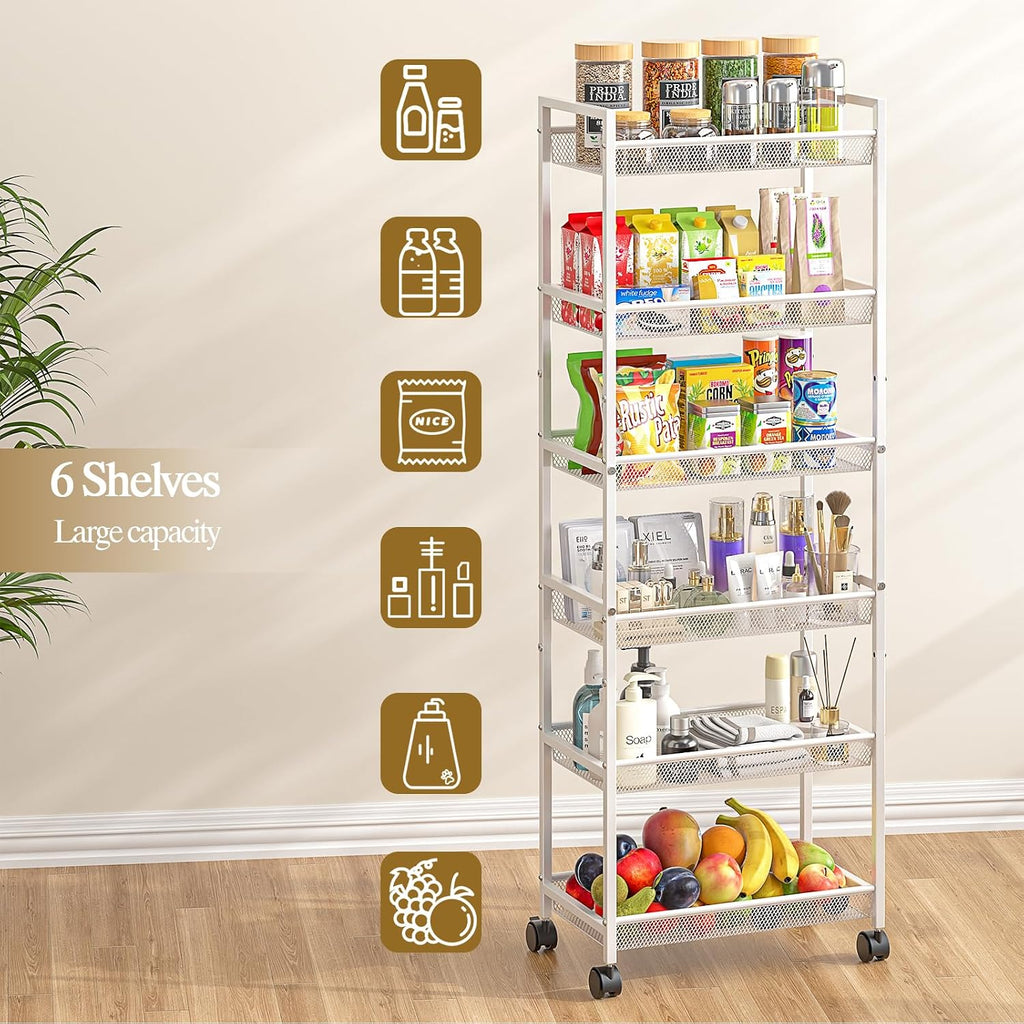 6 Tier Slim Rolling Storage Cart, Narrow Mobile Shelving Unit Organizer Utility Cart with Wheels, Metal Wire Storage Rack with Baskets for Kitchen, Bathroom, Laundry & Living Room, 10in(W) White