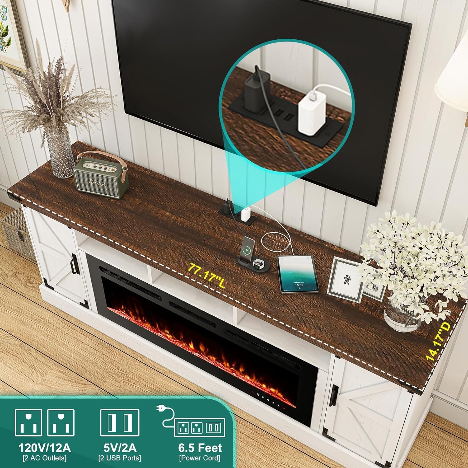 77 INCH Fireplace TV Stand for 85 Inch TVs, Farmhouse Entertainment Center with 50" Electric Fireplace and Power Outlets, LED Media Console Cabinet for Living Room, White