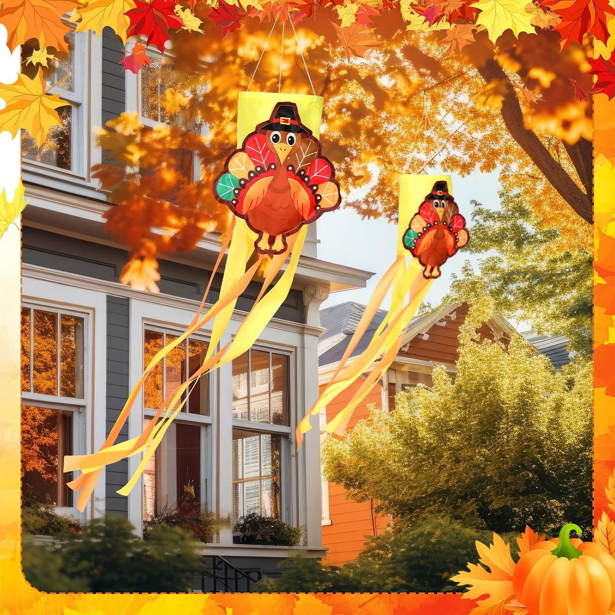 2 Pcs Thanksgiving Turkey Windsocks 40'' Fall Thanksgiving Outdoor Hanging Decoration Vintage Windsock with Pilgrim Hat Colorful Streamer for Autumn Party Farmhouse Window Yard Garden Decor