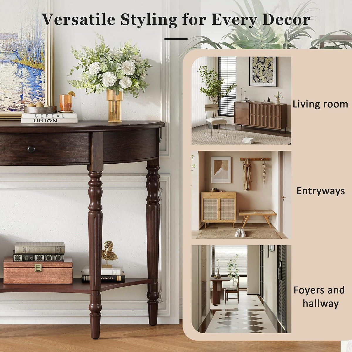 LUMISOL Half Moon Console Table with Drawer, 39'' Farmhouse Entryway Table with Shelf, Rustic Sofa Tables for Living Room Foyer Hallway, Espresso