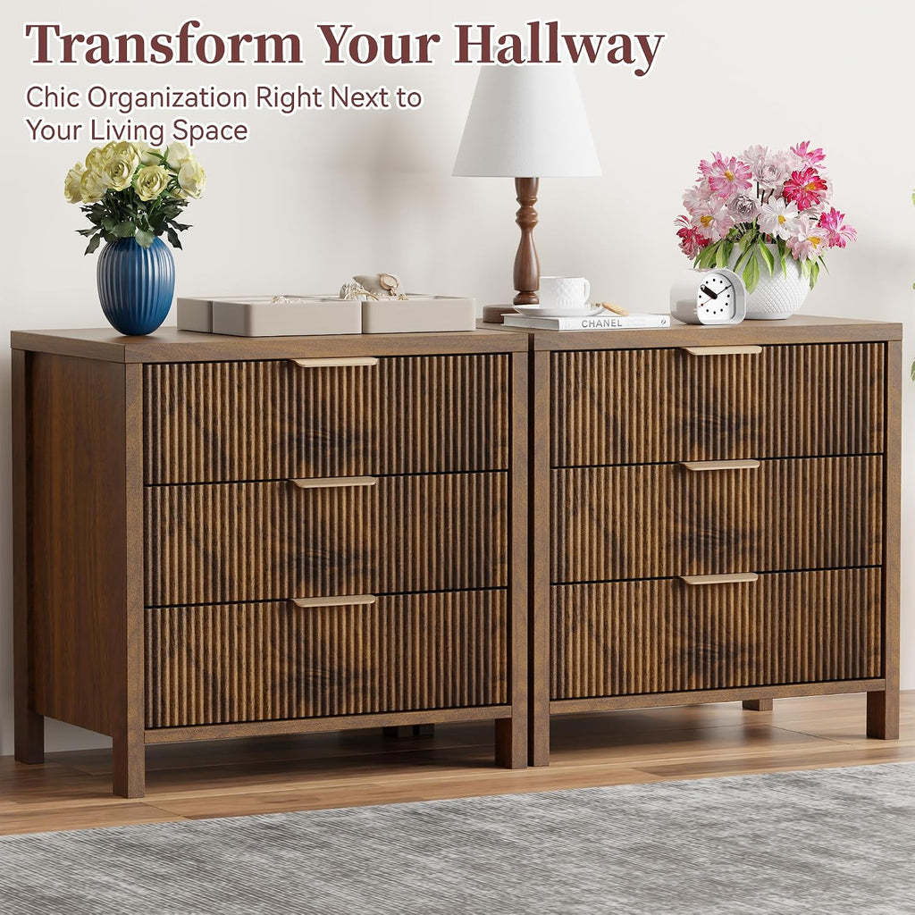 Fluted Nightstands Set of 2, 23.7'' Wide Night Stand with 3 Drawers, Mid-Century Modern Bedside Table with Handles, Wood End Table for Bedroom, Walnut