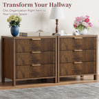 Fluted Nightstands Set of 2, 23.7'' Wide Night Stand with 3 Drawers, Mid-Century Modern Bedside Table with Handles, Wood End Table for Bedroom, Walnut