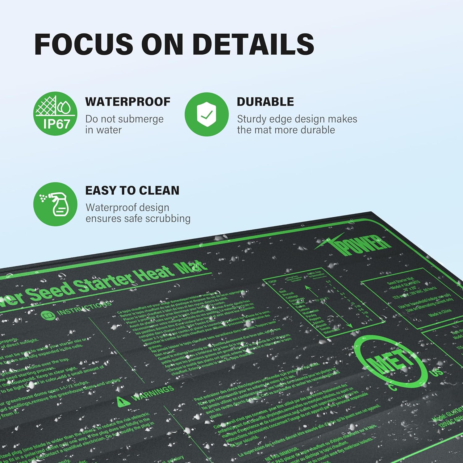 iPower Durable Waterproof Seedling Heat Mat Warm Hydroponic Pad for Efficient Seed Starting, Greenhouse Use, and Germination, 10" x 20", Black