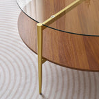 Extra Large Round Coffee Table, Mid-Century Modern Design, D34 x H17 in, for Living Room, 2-Tier Structure, Clear Glass Top and Walnut MDF Shelf, Sleek Conical Metal Legs with Gold Finish