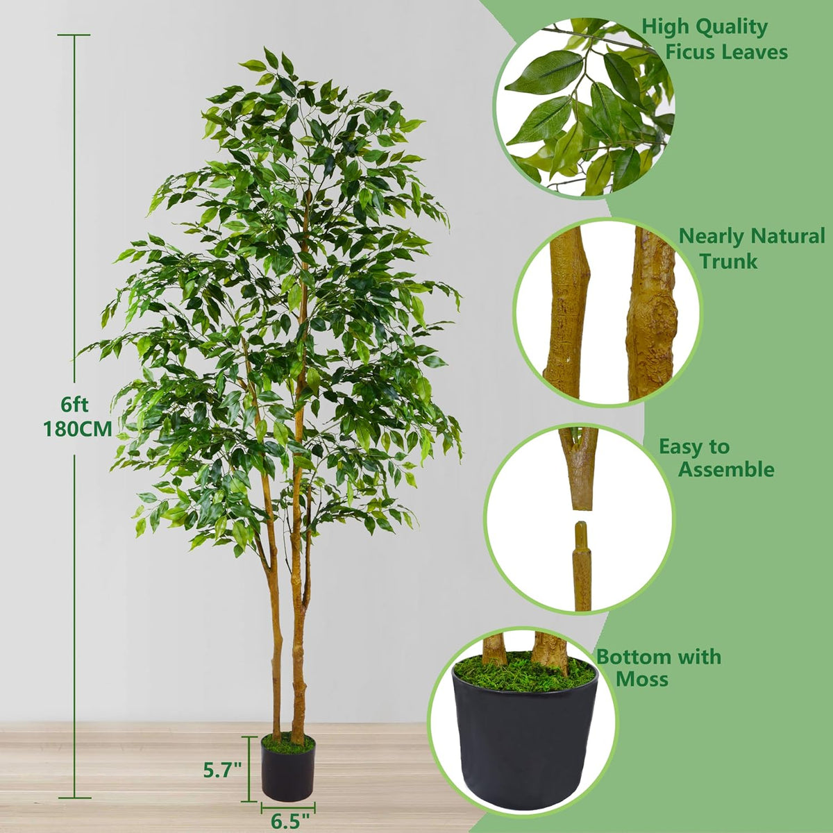 Artificial Ficus Tree, 7ft Silk Fake Ficus Leaves Plant with Basket, Indoor Outdoor Faux Green Tree for Home Garden Office House Livingroom Décor