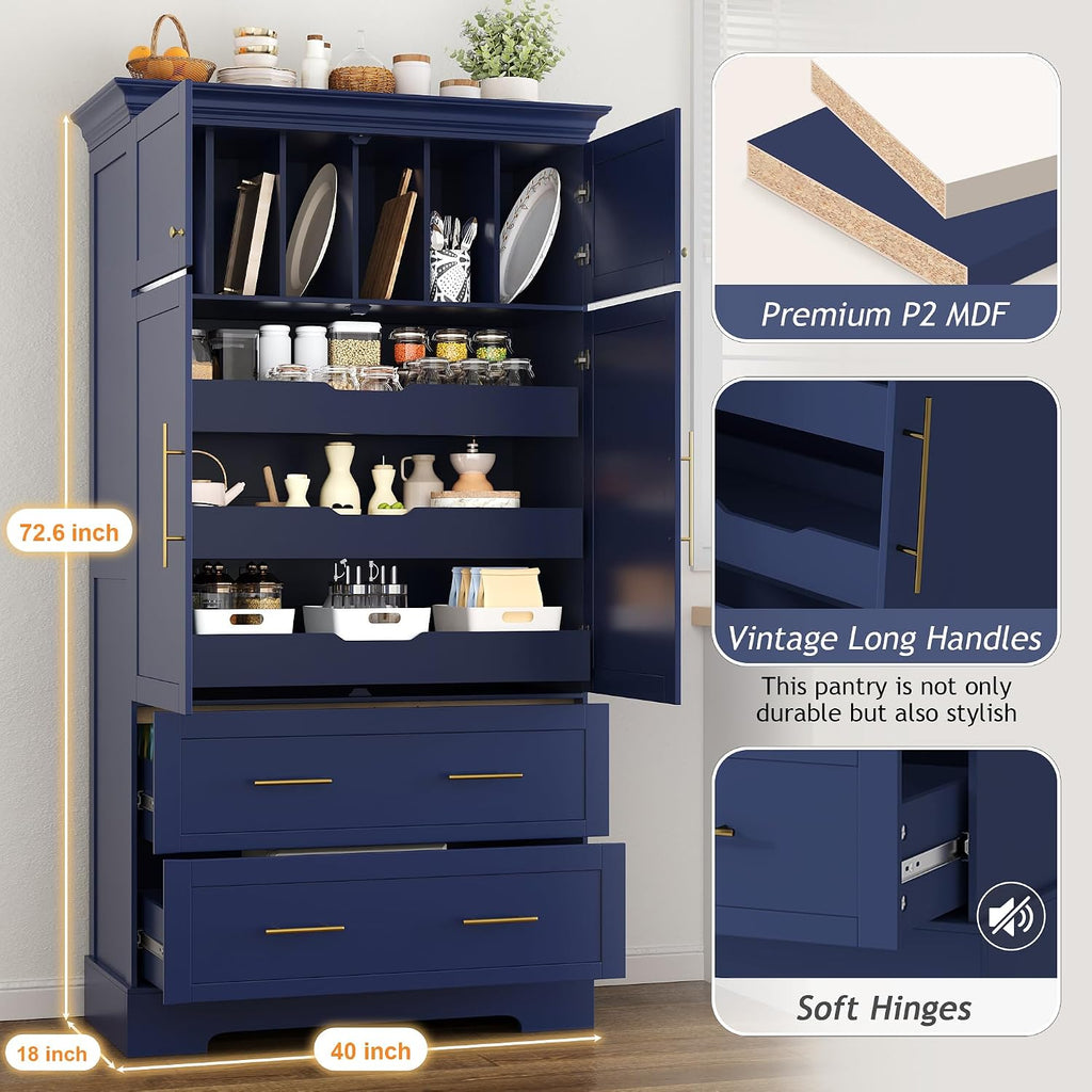 72.6" Farmhouse Kitchen Pantry Cabinet with 3 Pull-Out Trays, Freestanding Large Wooden Kitchen Organizers Storage Cabinet with 2 Drawers and Cake Pan Storage for Dinging Room, Dark Blue