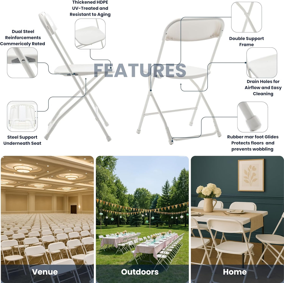 BTEXPERT Set of 5 Pack, White Plastic Folding Chair Steel Frame Commercial High Capacity Event Chair Lightweight Set for Office Wedding Party Picnic Kitchen Dining Church School