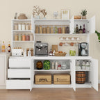 Bobve Large Kitchen Hutch Cabinet with Microwave Stand, Storage Cupboard Pantry with 3-Tier External Shelves and 3 Drawers, Ktichen Food Pantry with Open Countertop for Dining Room, White