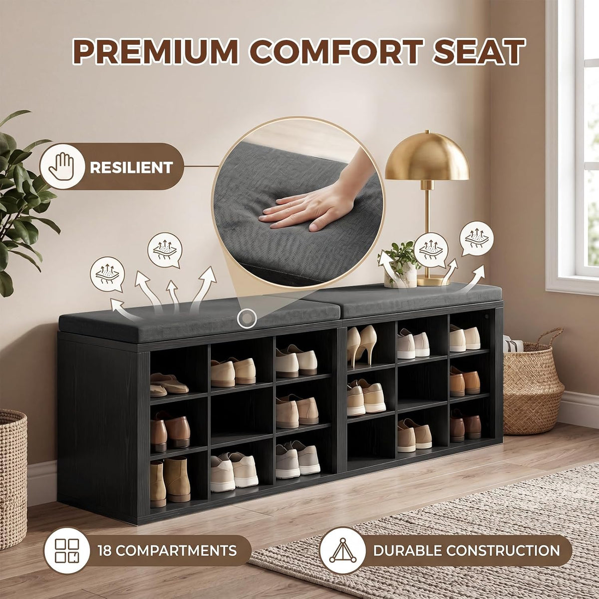Shoe Rack Bench, Shoe Storage Bench with Cushion, Shoe Organizer 18 Cubbies for Entryway Hallway Bedroom Living Room, Holds Up to 400lbs