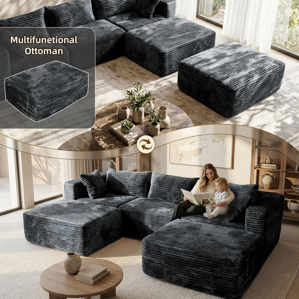 110 Modular Sectional Sofa with 2 Ottomans, Corduroy U-Shaped Modular Sectional Sofa, Convertible Cloud Couch with Deep Seats, No Assembly Required (Grey, 110" 3Seat+2 0ttoman)