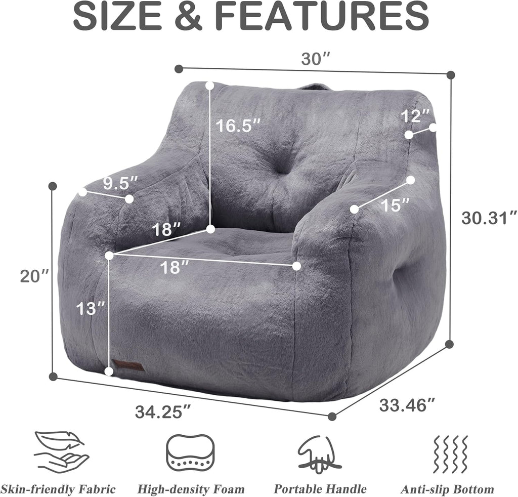 Hobestluk Furry Bean Bag Chair with Arms, Foam Filler for Adult, Grey | Soft Faux Fur Cover, High-Density Resilient Foam, Wide Backrest & Arm-rest, Carrying Handle, Fits Small Spaces, No Assembly