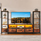 DWVO Industrial LED TV Stand for 65 Inch TVs, Entertainment Center with 2 4-Tier Bookshelves & Power Outlets, Media Console Table with 5 Drawers & Open Storage for Living Room, Rustic Brown