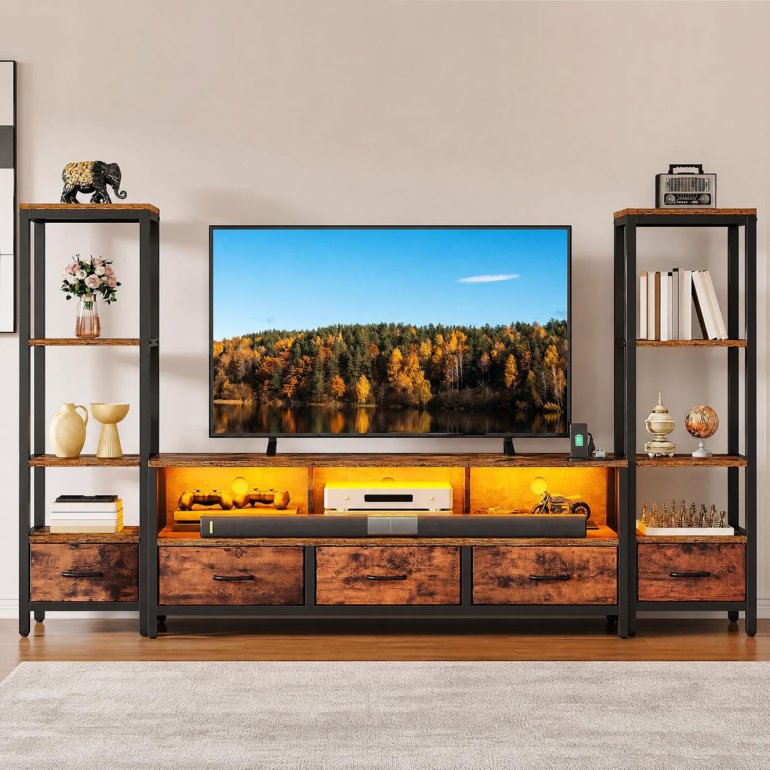 DWVO Industrial LED TV Stand for 65 Inch TVs, Entertainment Center with 2 4-Tier Bookshelves & Power Outlets, Media Console Table with 5 Drawers & Open Storage for Living Room, Rustic Brown