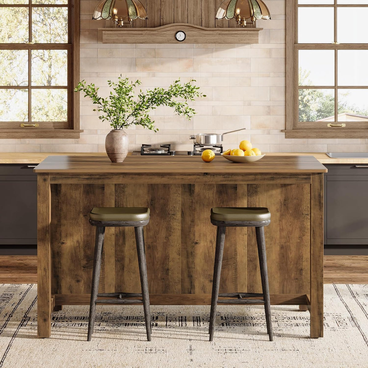 Tribesigns Kitchen Island with Seating and Storage, 59-Inch Large Farmhouse Stationary Island Table for Kitchen, 3-Tier Counter Height Coffee Bar Tables for Dining Room, Rustic Brown