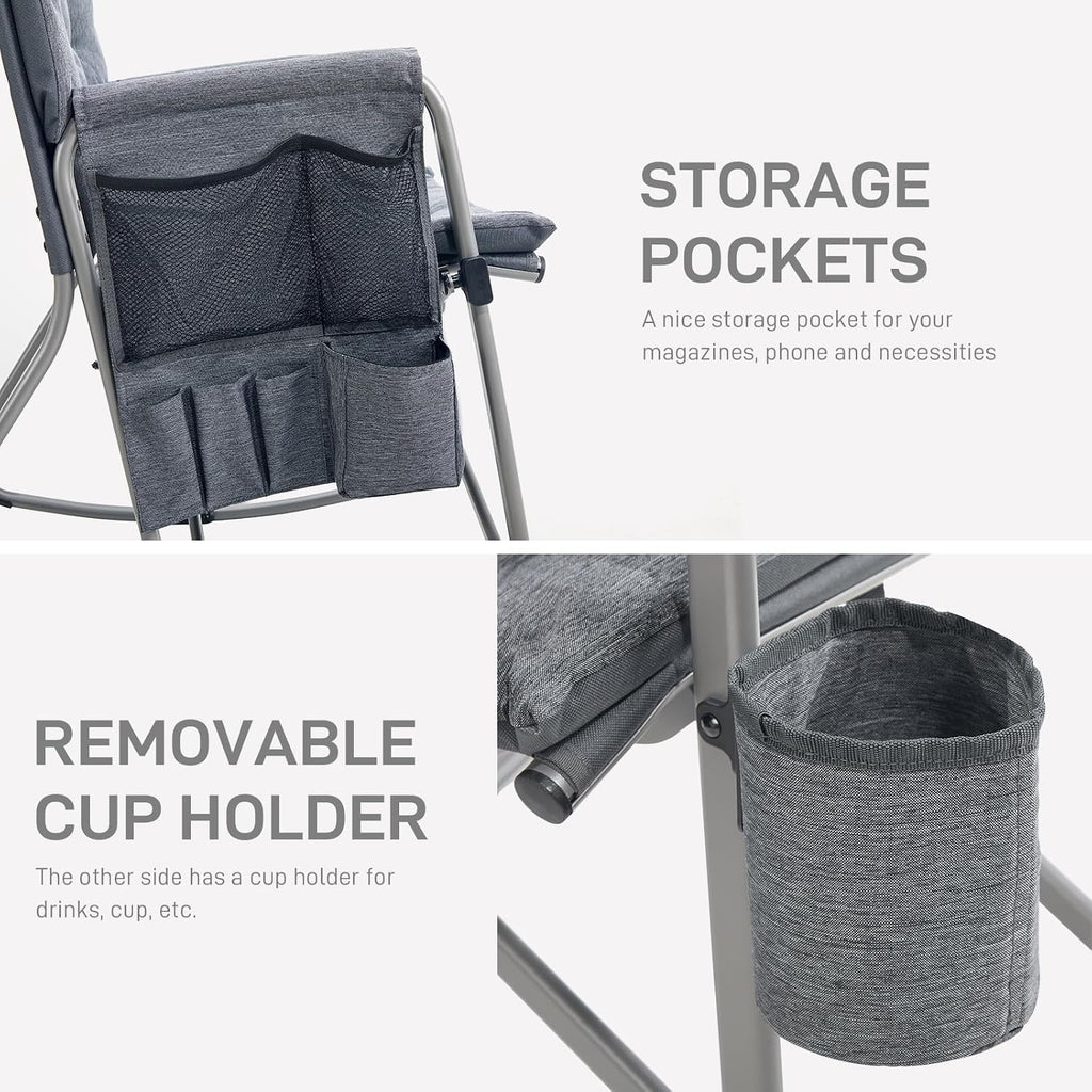 EVER ADVANCED Lightweight Folding Rocking Camping Chair, Padded Portable Rocker Chair for Patio, Lawn and Outdoors, Heavy Duty Hard Armchair for Adults, Grey