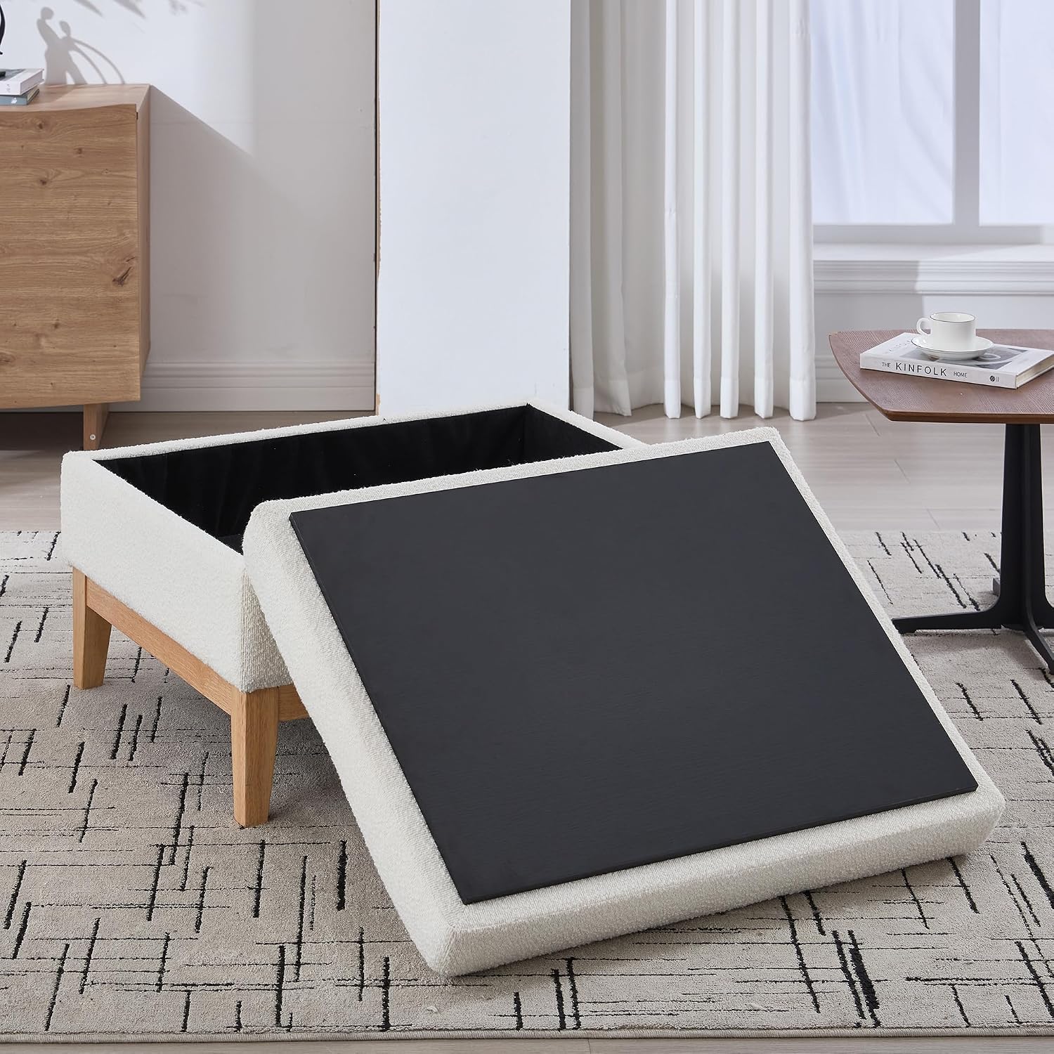 Setawix 33.86" Large Storage Ottomans for Living Room,Boucle Upholstered Ottoman Coffee Table with Tray,Mid Century Modern Ottoman Seat with Storage Footrest for Bedroom (Ivory+Natural Legs)
