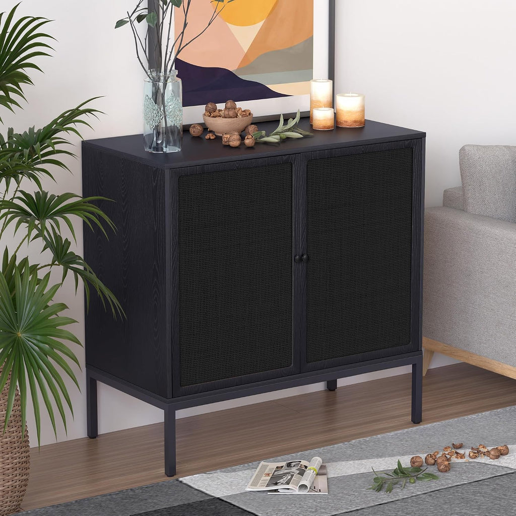 XIAO WEI Farmhouse Boho Sideboard Buffet Cabinet with Black Rattan Doors, Accent Credenza Console Storage Cabinet with Metal Legs for Living Room, Kitchen