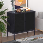 XIAO WEI Farmhouse Boho Sideboard Buffet Cabinet with Black Rattan Doors, Accent Credenza Console Storage Cabinet with Metal Legs for Living Room, Kitchen