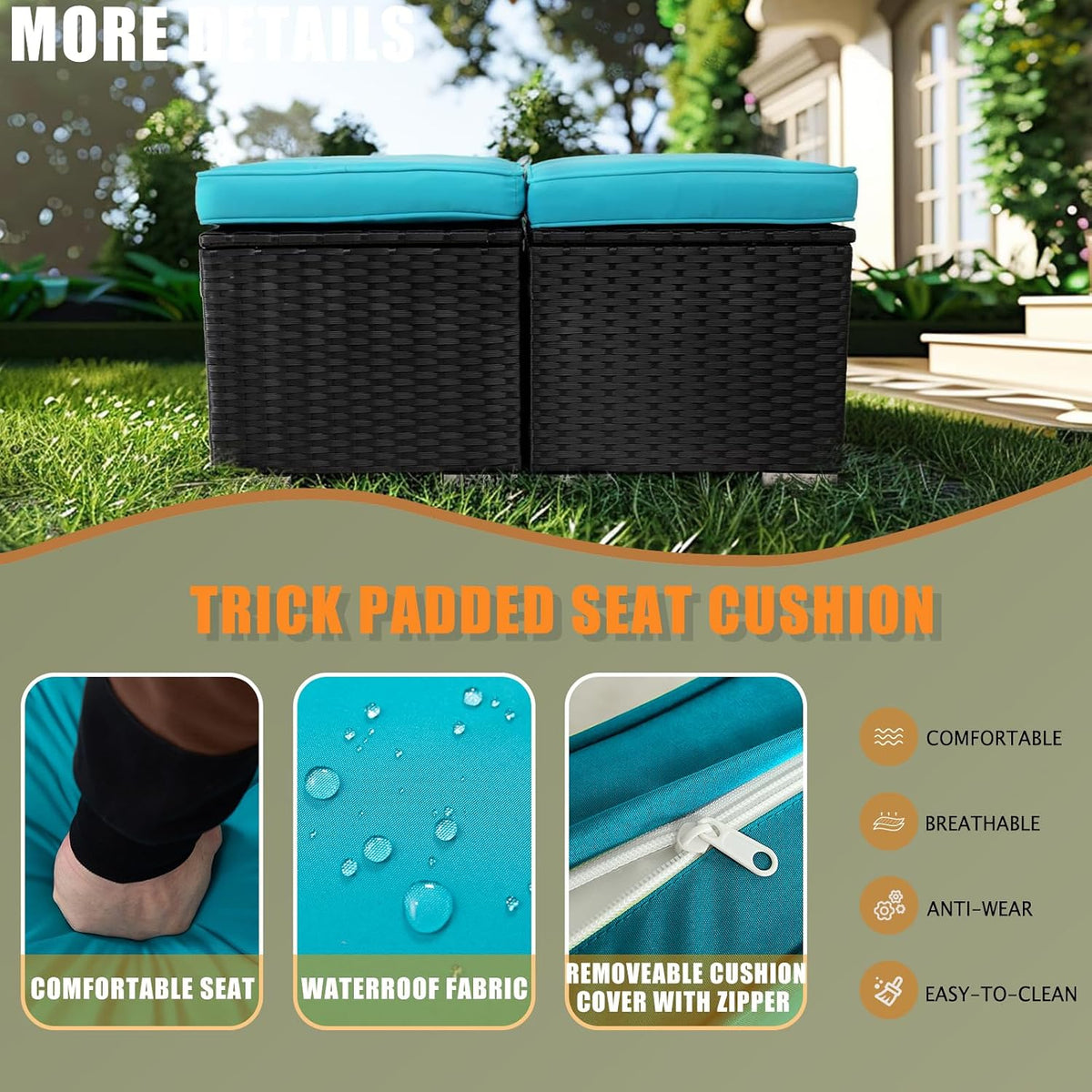 Wicker Outdoor Patio Ottoman - 2 Pack Outdoor Ottomans for Patio, Side Table with Storage, Removable Cushions Square Foot Rest Seating for Patio, Porch, Deck (Black-Blue)