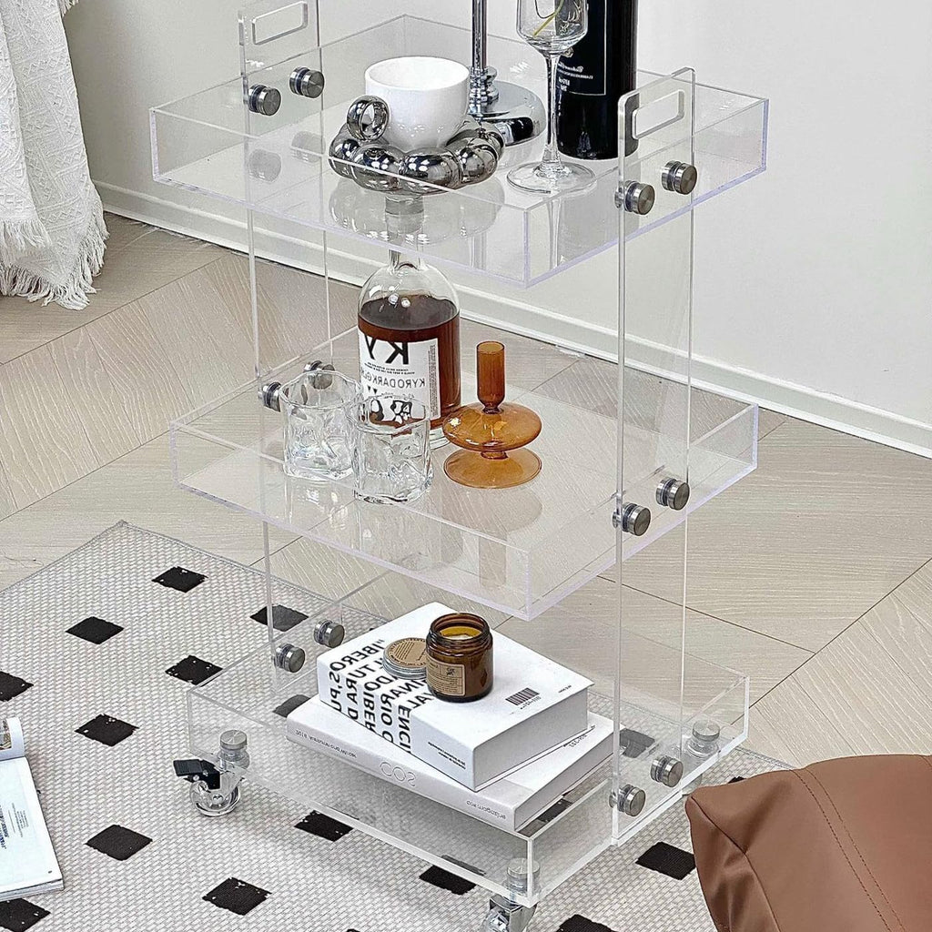 Gdrasuya10 Clear Acrylic Side Table with Wheels, 3 Tier Acrylic End Table Side Table Rolling Serving Cart Snack Table Easy Assemble for Couch Living Room Party Balcony