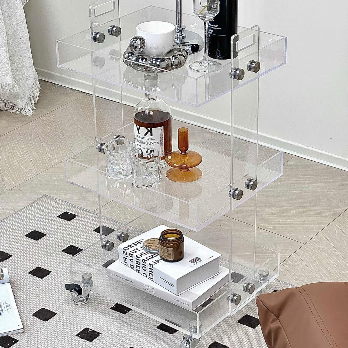 Gdrasuya10 Clear Acrylic Side Table with Wheels, 3 Tier Acrylic End Table Side Table Rolling Serving Cart Snack Table Easy Assemble for Couch Living Room Party Balcony