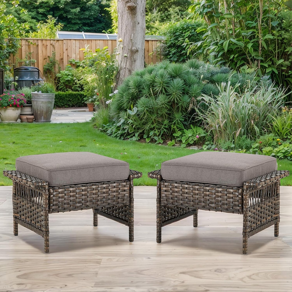 Patio Ottomans 2 Piece Outdoor Wicker Ottomans PE Rattan Footrest with Thickened Cushions Footstools for Garden Sunroom Deck Porch Balcony Poolside, Ottomans(2PCS), Brown|Grey