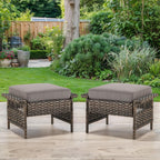 Patio Ottomans 2 Piece Outdoor Wicker Ottomans PE Rattan Footrest with Thickened Cushions Footstools for Garden Sunroom Deck Porch Balcony Poolside, Ottomans(2PCS), Brown|Grey